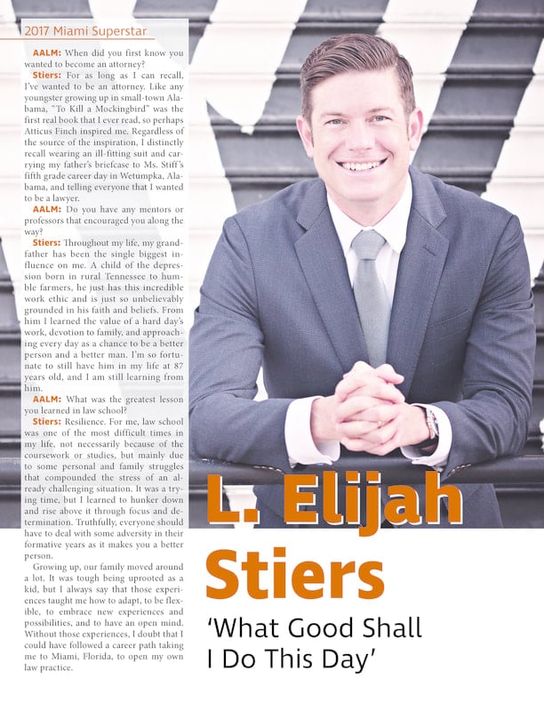 2017 Miami Superstar article about attorney Stiers, page one
