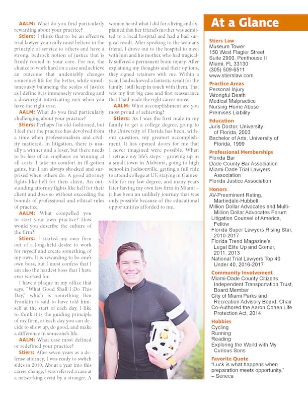 Page two of Miami Super Stars article containing interview of attorney Stiers 
